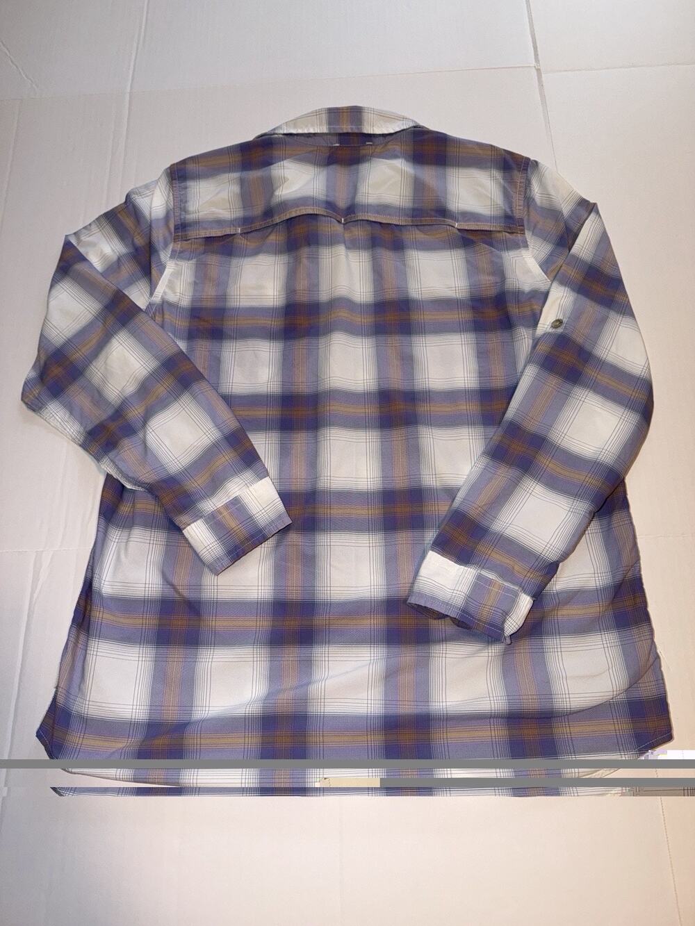 Eddie Bauer Women's Travex plaid button-down shirt purple and white Plaid Sz S